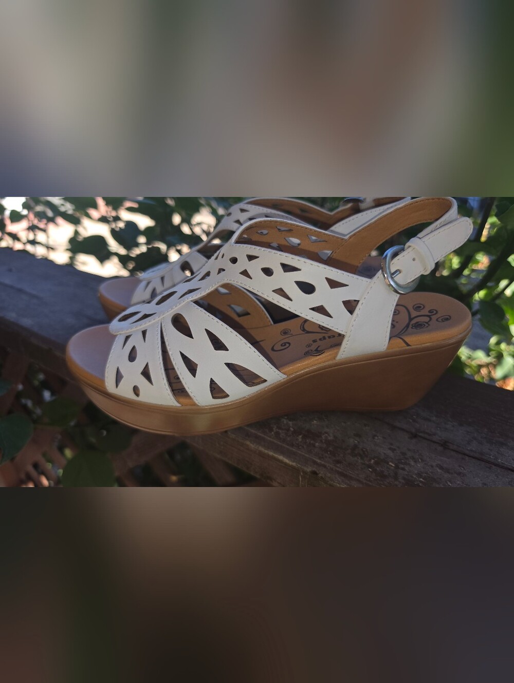 BareTraps White Cutout Wedge Sandals with Tan Platform